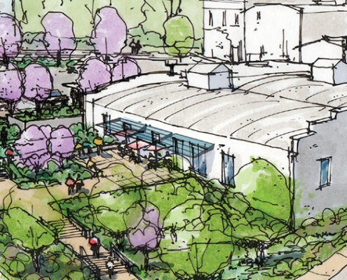 A concept sketch of the renovated Spring Street Building, seen from the Spring St.-Fulton St. intersection of downtown Athens.